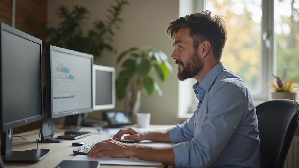 Persoon zit aan bureau in kantoor thuiswerkruimte, kijkt geconcentreerd naar twee monitors
