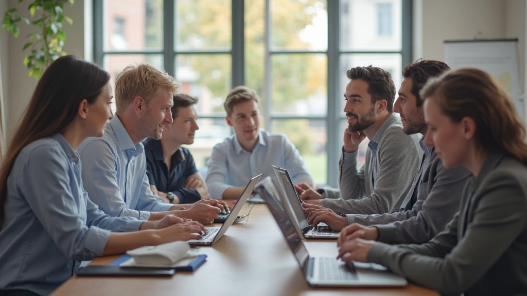 Vier teamleden rond tafel met laptops open, gezamenlijk naar een projectschema kijkend in een overleg