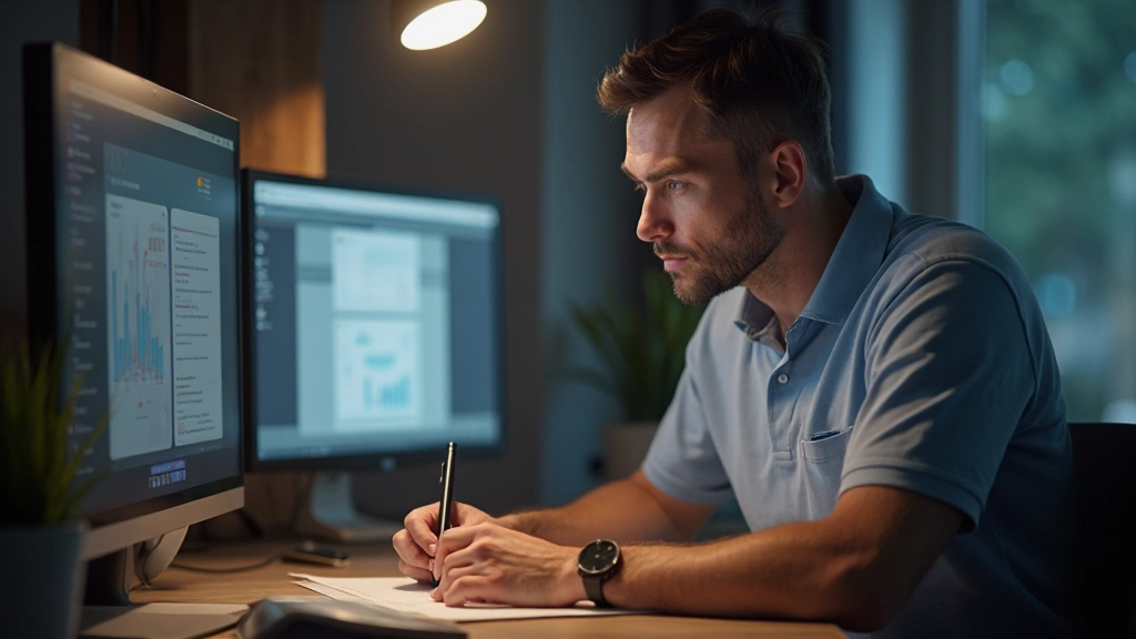 Man zit aan bureau met twee monitors, notities schrijvend terwijl hij naar scherm kijkt