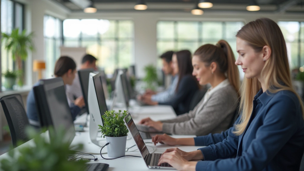Moderne kantoor omgeving met teamleden die samenwerken via digitale tools en videoconferenties