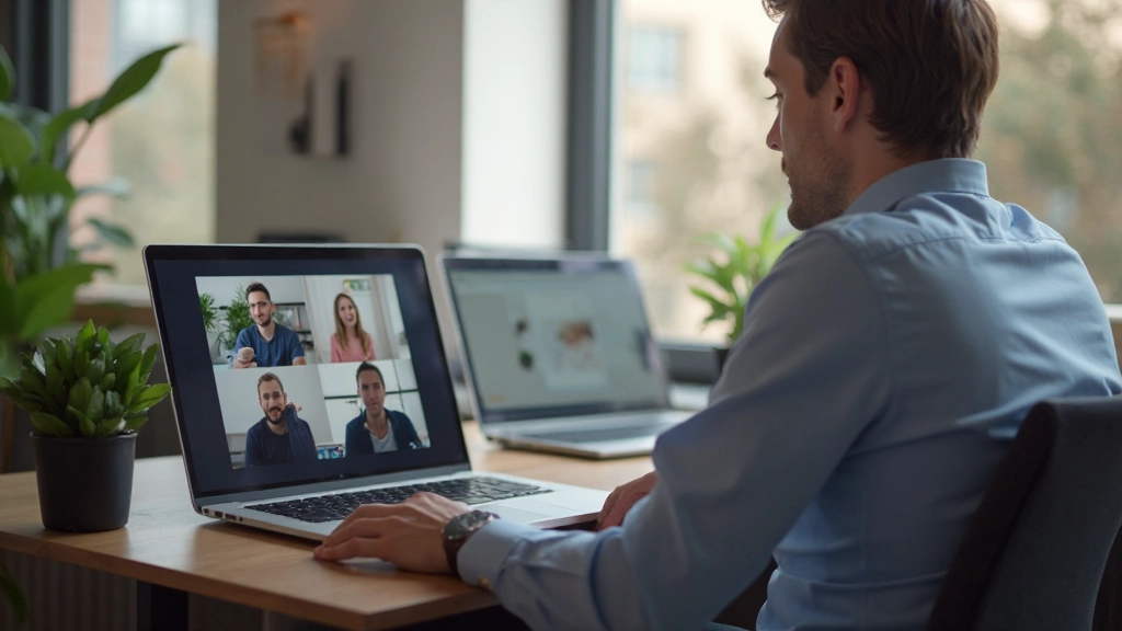 Computer scherm met videoconferentie met vier deelnemers in verschillende kamers