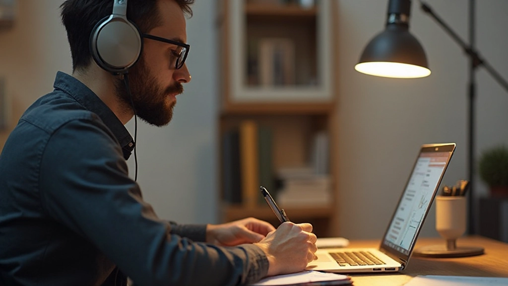 Persoon met koptelefoon aan, notities schrijvend terwijl ze naar scherm kijkt